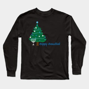 Happy Hanukkah Greeting with Hanukkah Tree and Menorah Long Sleeve T-Shirt